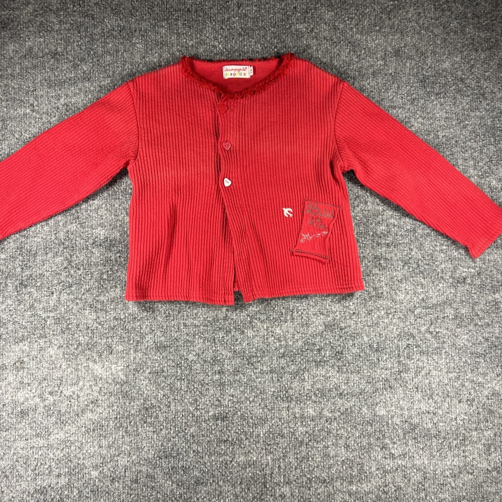 VTG Style Y2K La Compagnie Des Petits Red Ribbed Cardigan Heart Buttons 3Y 3A